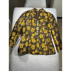 Yuhan Wang Brown Yellow Floral Brocade Blazer Jacket XL Pearl Buttons